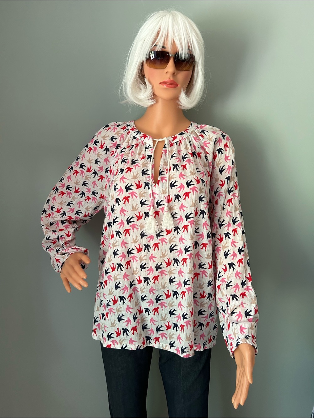 Boden Women's White Bird-Print Peasant Blouse with Tassel Tie